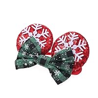 Vista 5 de Diadema de nailon con orejas de ratón de Navidad con lazo de lentejuelas banda elástica suave roja para el cabello diadema de disfraz para niñas