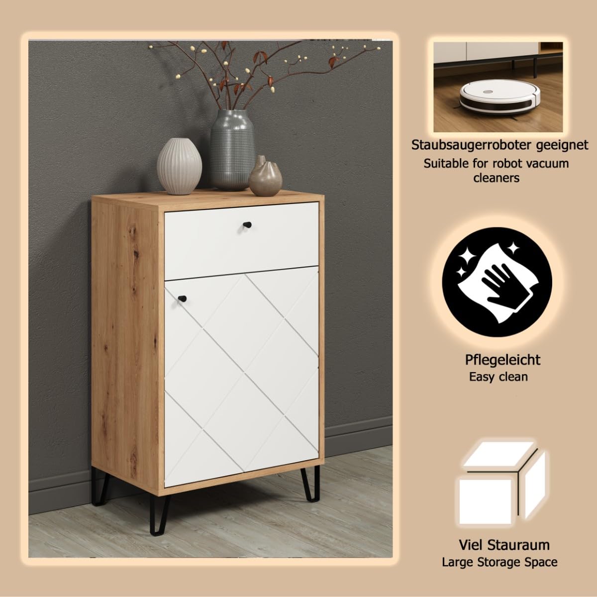 trendteam smart living - Touch - Kommode - Eiche/Weiß - Garderobenkommode mit moderner Rautenfräsung - Soft-Close - (BxHxT) 63 x 96 x 40 cm - Flurschrank mit Vollauszug-Schubladen