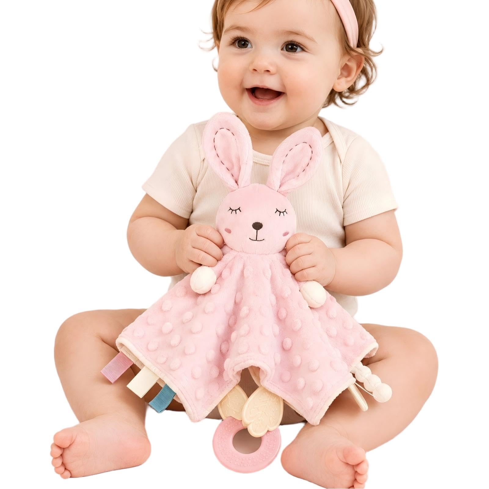 ZIGJOY Baby Girl Lovey, Pink Bunny Security Blanket with Crinkle &amp; Teether