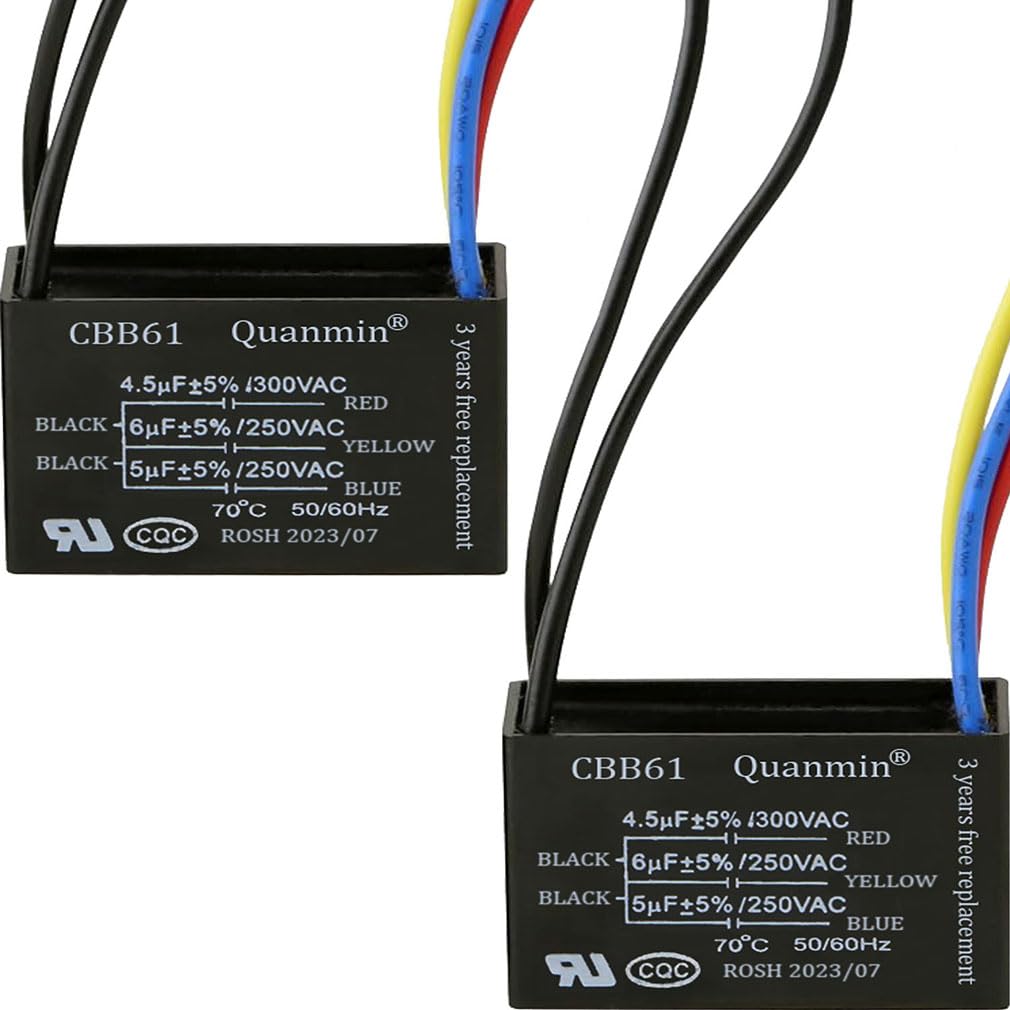 2PCS CBB61 Ceiling Fan Capacitor Electrical Power Relay Connecting Capacitor 5 Wires 4.5uf+6uf+5uf Compatible 250VAC/300V 50/60 Hz Fan Parts Fans Replacement for Harbor Breeze & New Tech