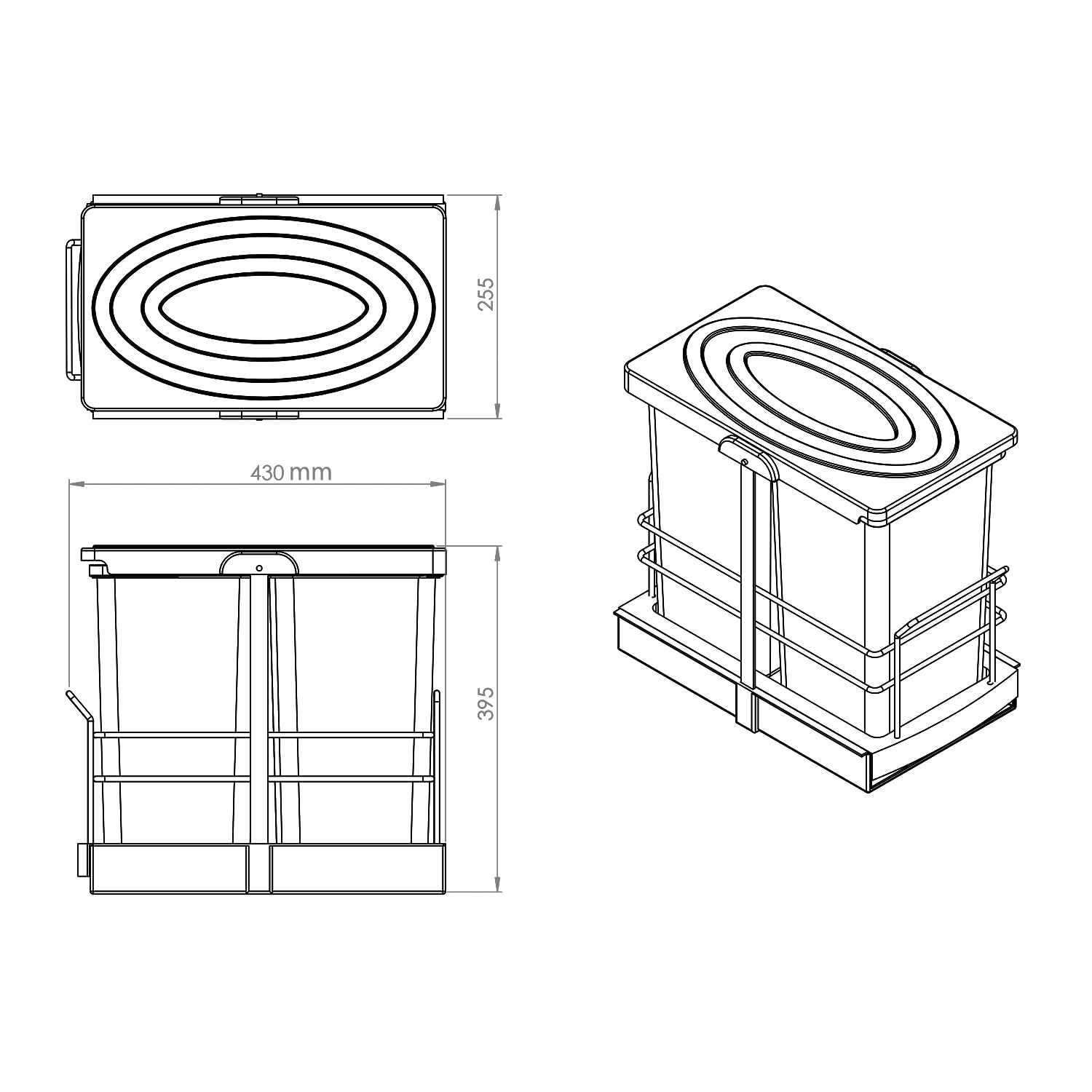 ROOMART Einbau-Mülleimer Küche ausziehbar 2x12L Mülltrennsystem Unterschrank Hellgrau Schwarz (Schwarz)