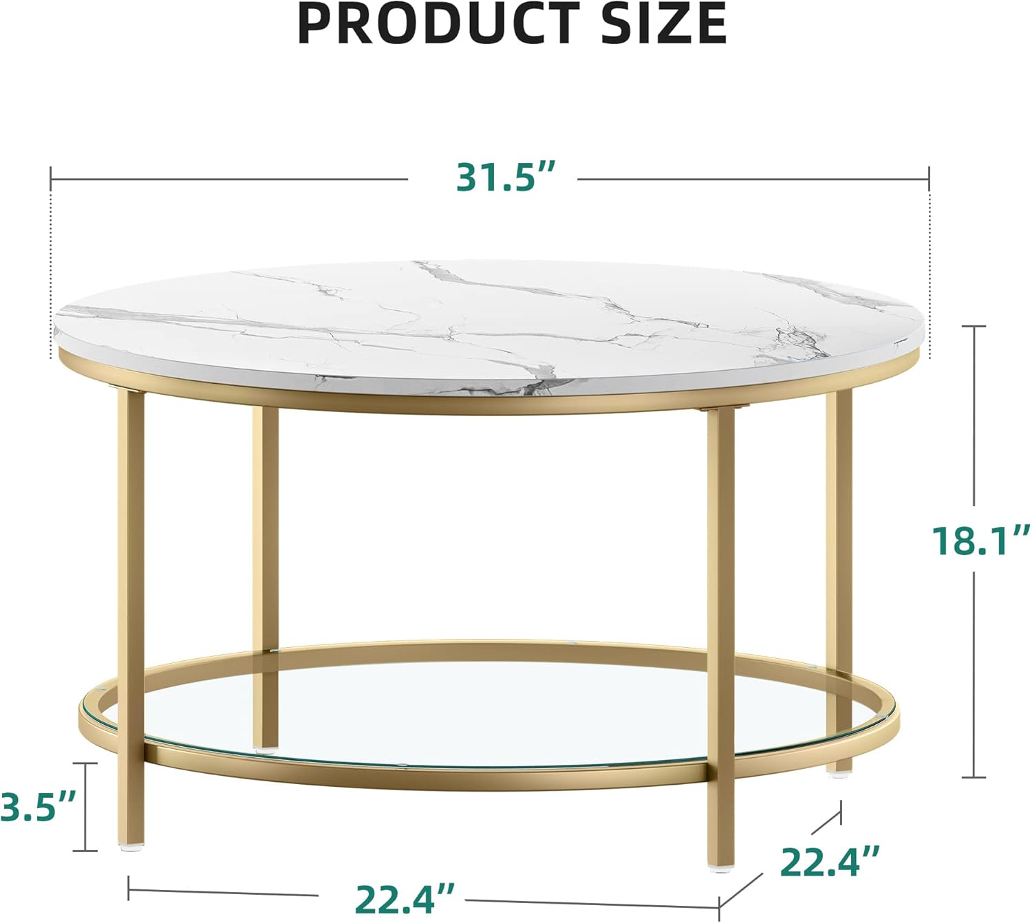 YITAHOME White Marble Round Coffee Table with Glass for Living Room, 2-Tier Circle Coffee Table with Storage Clear Coffee Table, Simple Modern Center Cocktail Table, White & Gold