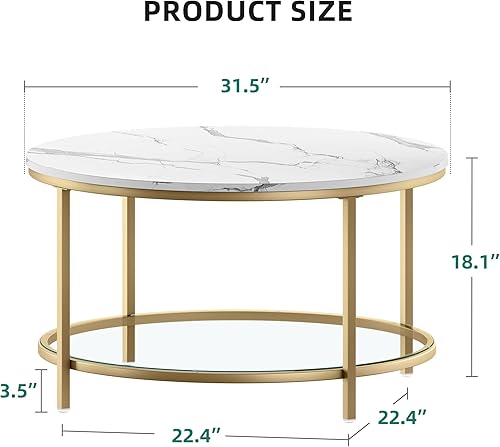 Miniatura 11 de YITAHOME Mesa de centro redonda de mármol blanco con vidrio para sala de estar, mesa de centro circular de 2 niveles con almacenamiento, mesa de
