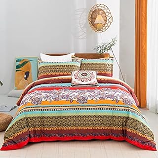Bohemian Double Duvet Cover Boho Printed Bedding Set Soft Microfiber with 2 Pillowcases Striped Duvet Cover with Zipper Closure for Teens Adults (Double, 200x200cm)
