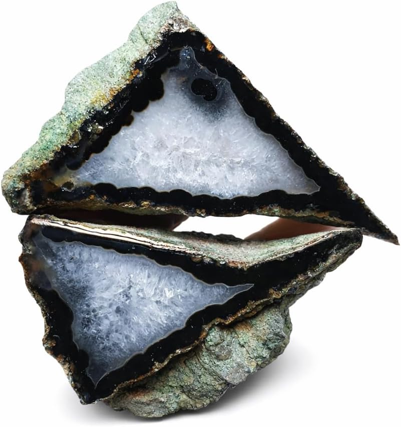 Triangular Black Banded Agate with Quartz Core | Natural Geometric Agate Pair