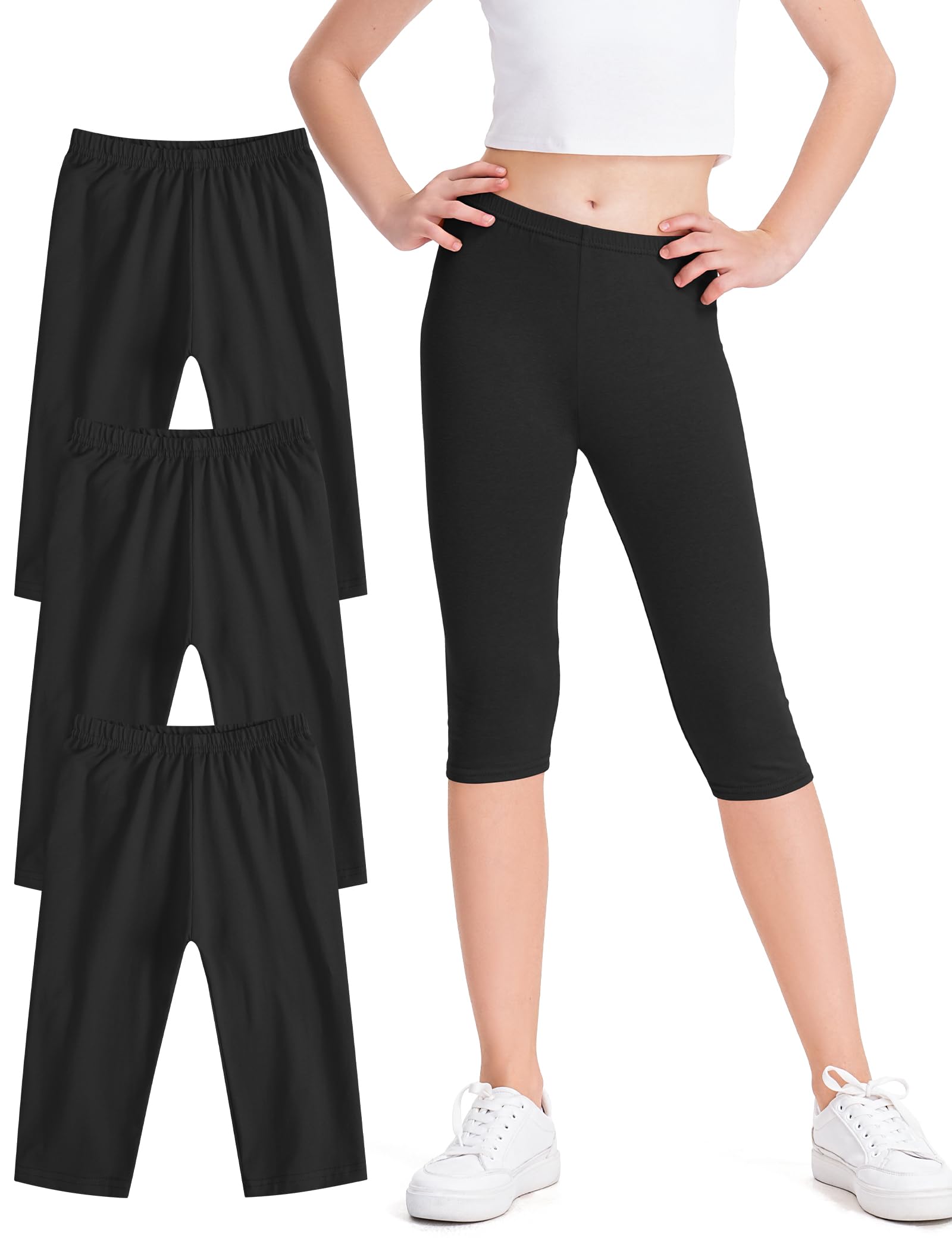 Auranso 3er-Pack Capri Leggings Mädchen Baumwolle 3/4 Kurz Hosen Kinder
