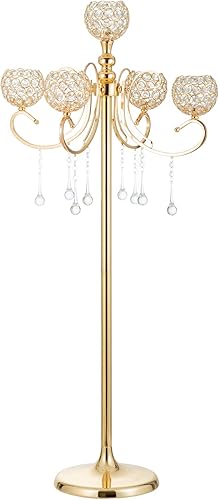 Candelabro de piso dorado para centros de mesa, 45.3 pulgadas de alto, portavelas de 5 ramas con cuentas de cristal, soporte para candelabro para