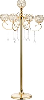 Gold Floor Candelabra for centerpieces, 45.3in Tall 5-Branch Candle Holder with Crystal Beaded Chandelier Holder Stand for Wedding Aisle Party Ceremony Christmas Decoration