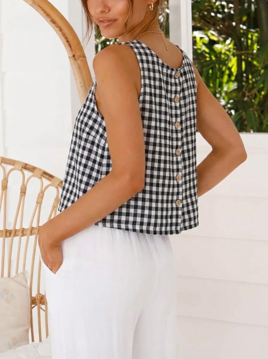IDEALSANXUN Womens Gingham Crop Tank Tops 2026 Spring Summer Sleeveless Vest Top - Image 2