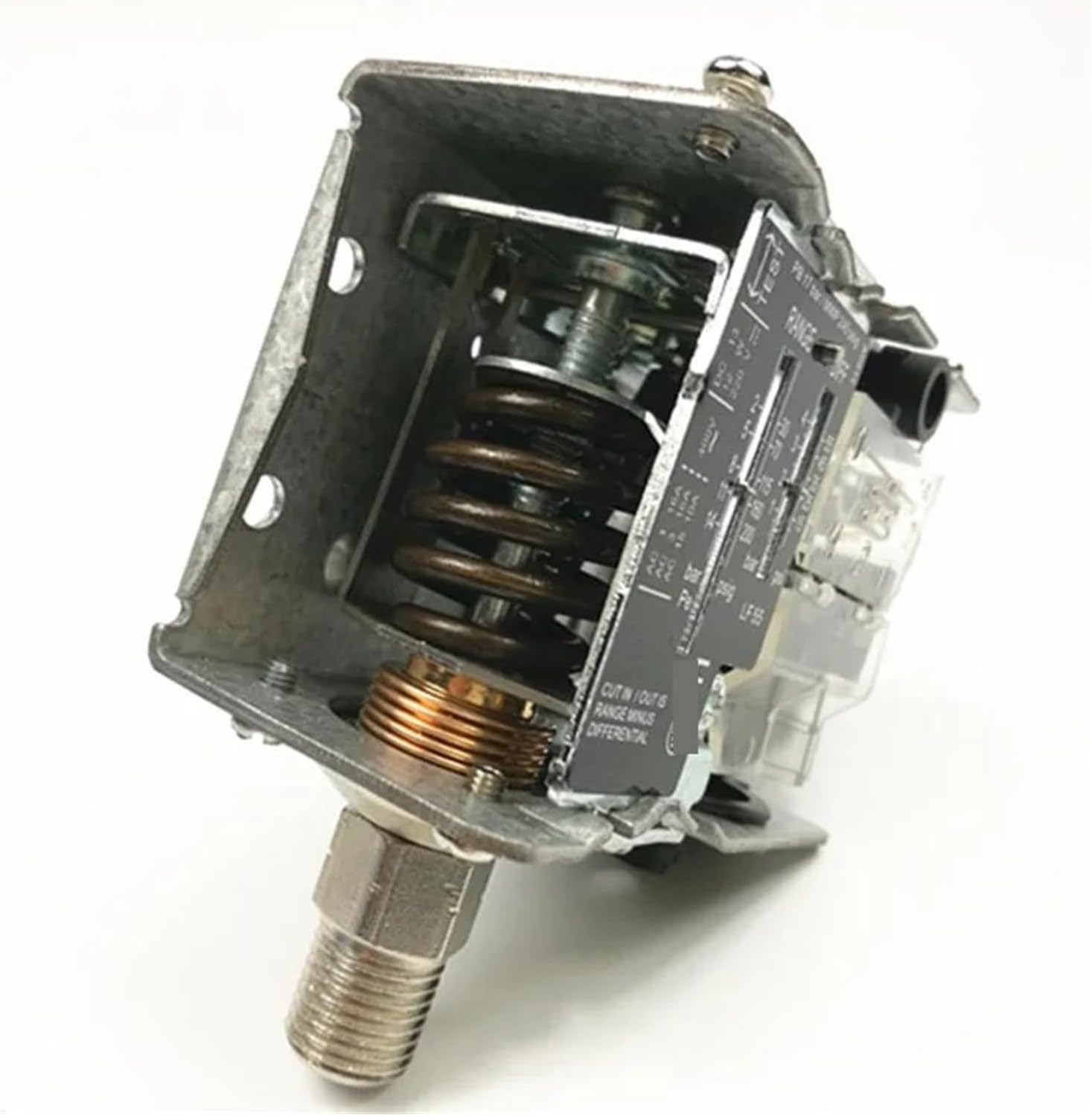 Angled internal view of the pressure switch showing the spring mechanism