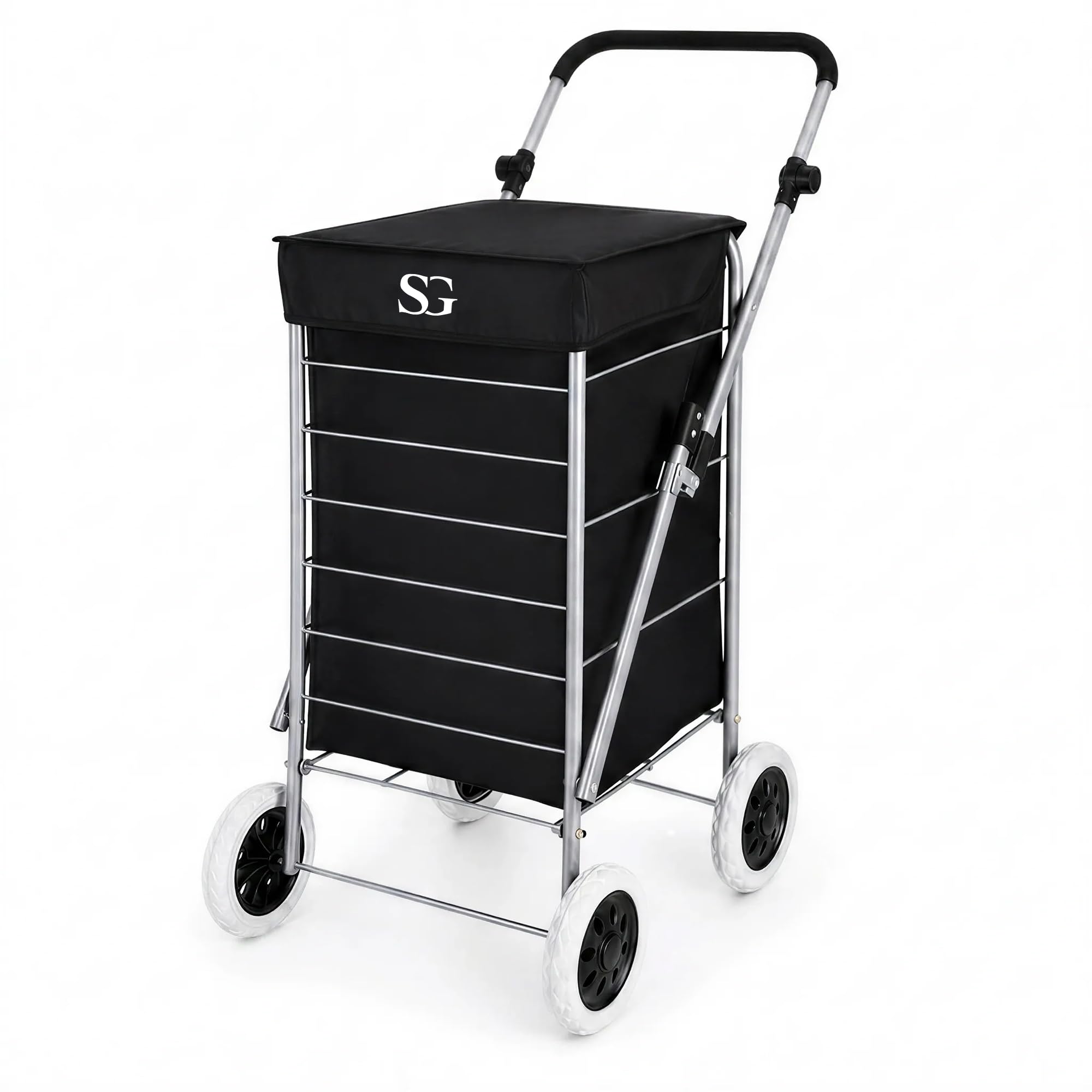 SG 80L Heavy Duty Foldable Shopping Trolley - 4 Wheel Cart with Removable Bag for Effortless Shopping - Stylish Spacious Trolley Bag Included - Black