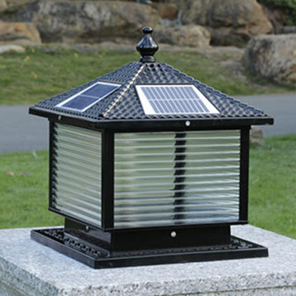 Square Solar Powered Pole Light Modern Fence Deck Cap Light Lantern Column Lamp Outdoor Solar Lamps for Garden Post Pole Mount Aluminium Solar Post Light for 4x4 Wooden Posts