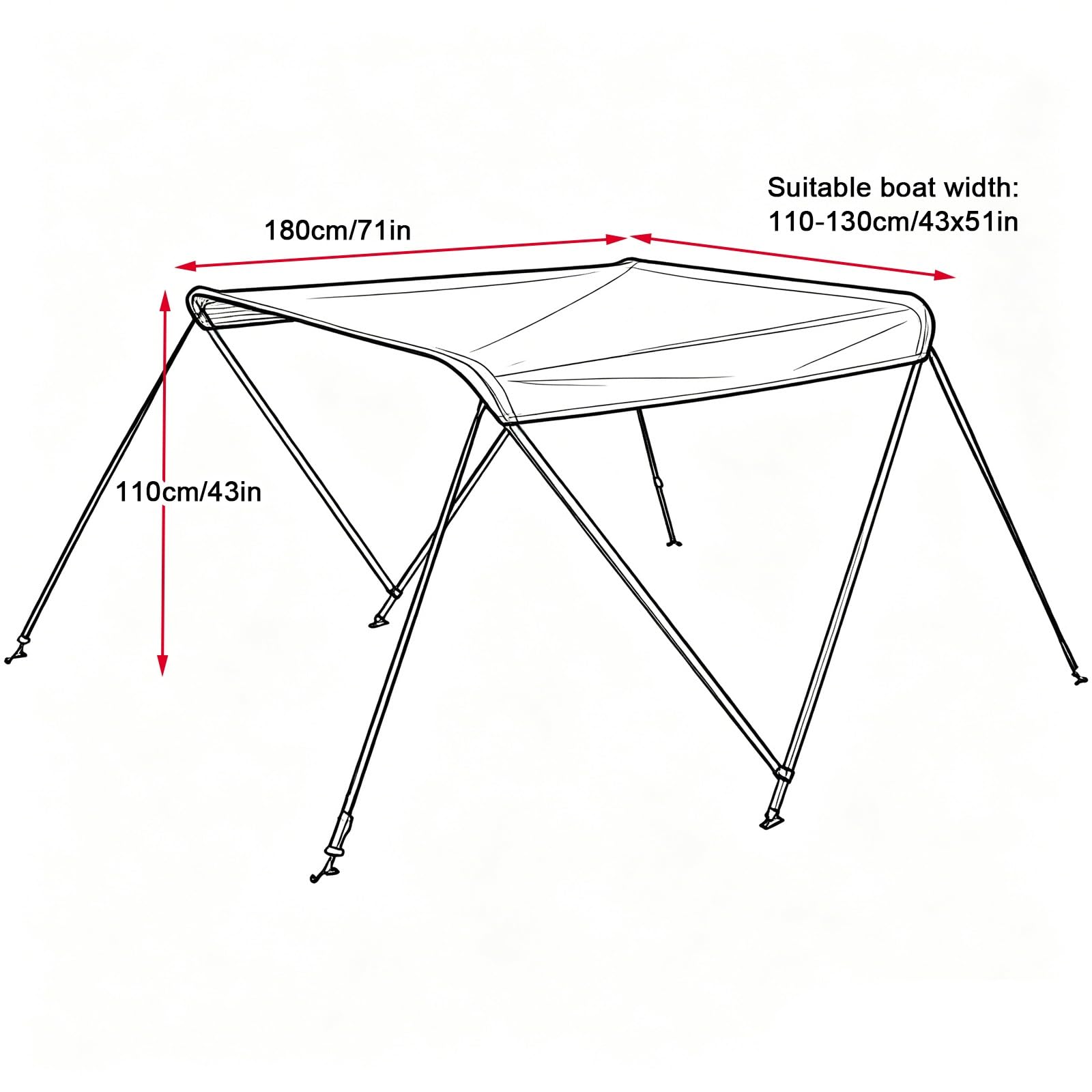 Tendalino per Barca, Tendalino per Gommone con Struttura in Alluminio, 2 Archi, Tessuto Oxford 600D, Custodia per Riporlo, per Barche di Larghezza 110-170 cm(Red,110-130cm/43x51in)
