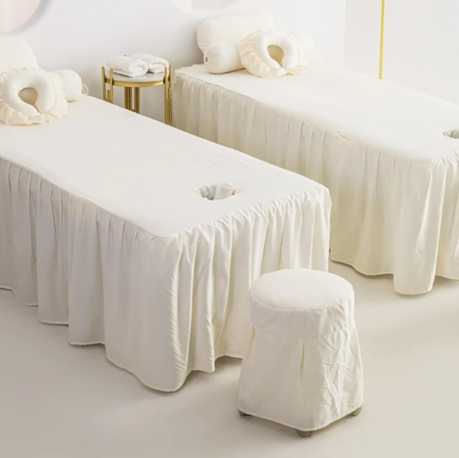 4-częściowy zestaw pościeli do stołu do masażu spa, narzuta na łóżko z poszewką na poduszkę i pokrowcem na stołek,Khaki,60x180cm(24x71inch)