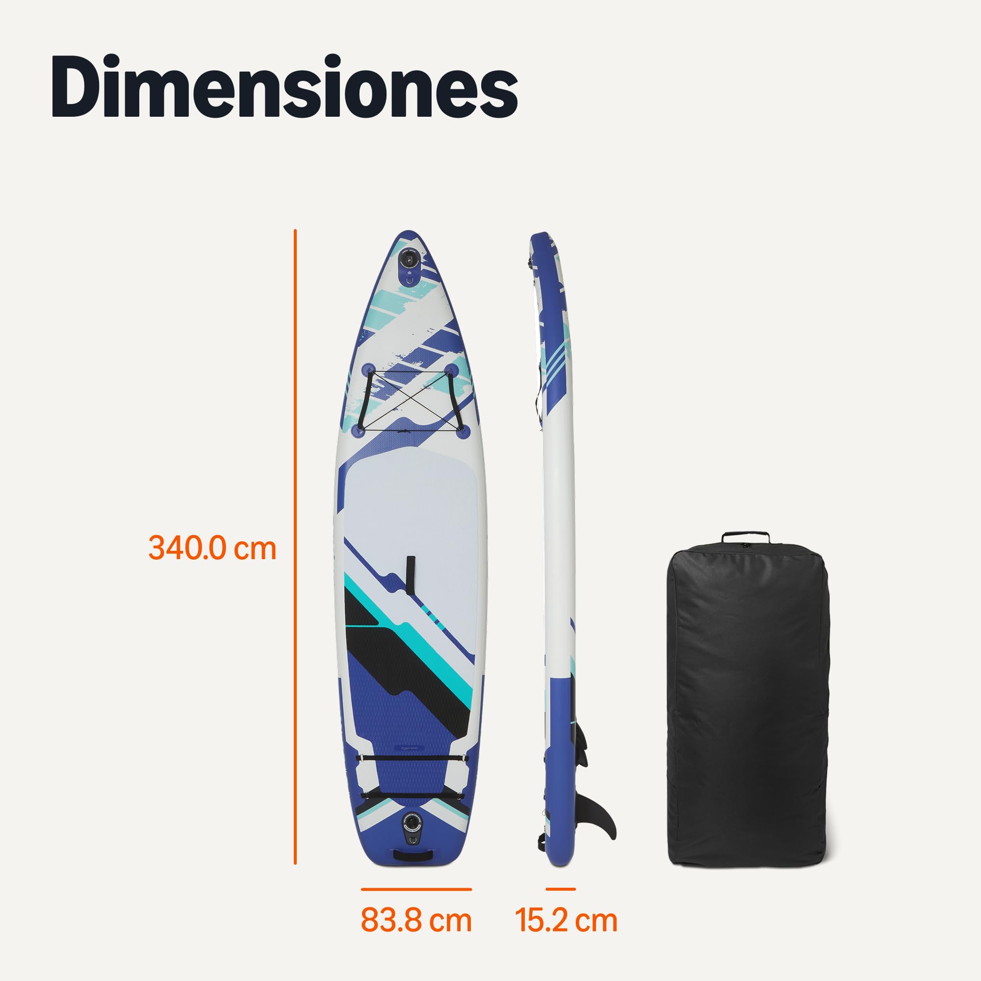 Amazon Basics Tabla de Paddle Surf de Pie con Kit Completo de Accesorios, 335 cm x 84 cm, Azul