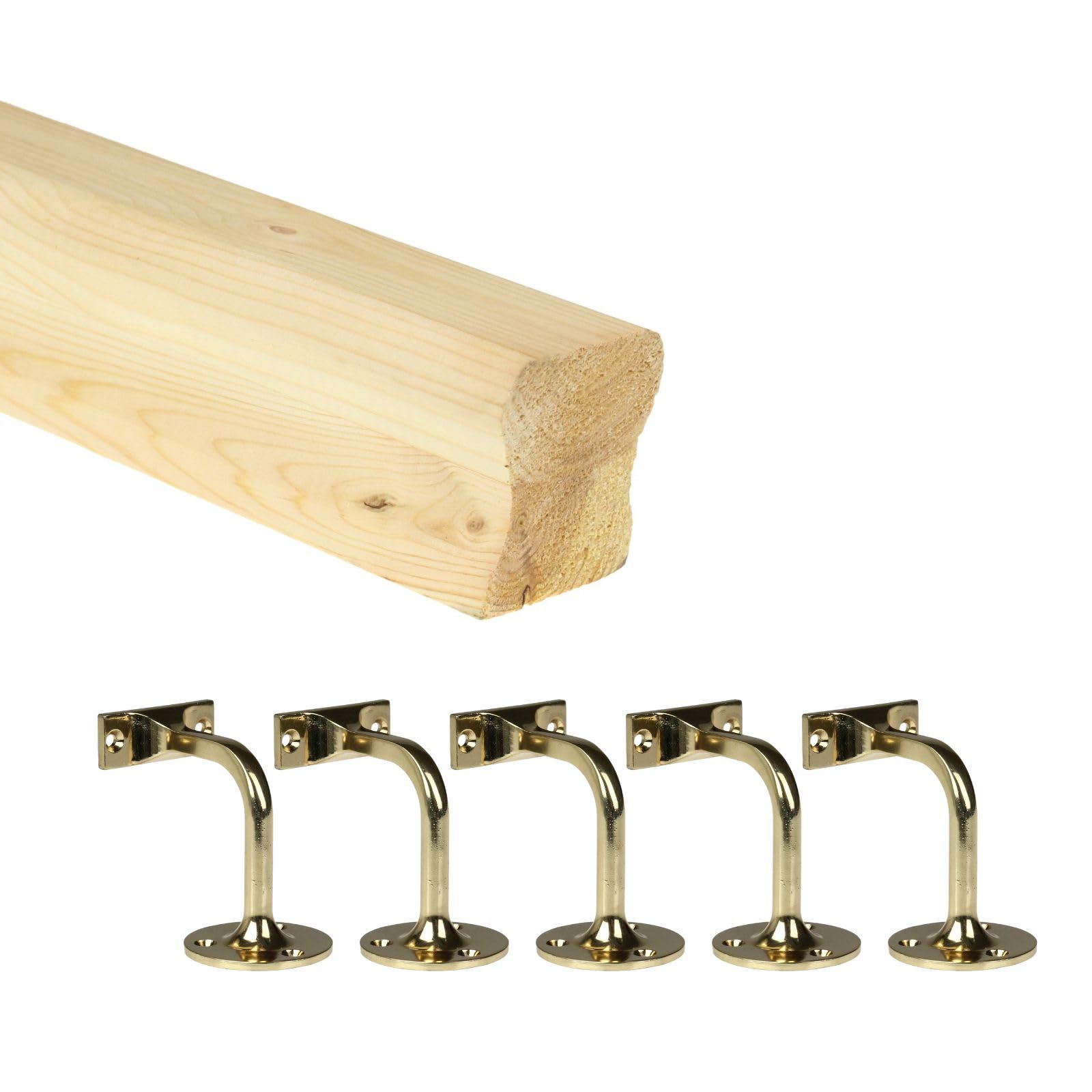 Jackson Woodturners Pine & Brass Pine Hr Wall Mounted Handrail Kit With Brass Wall Brackets – Unfinished Pine Staircase Handrail For Internal Use – Multiple Lengths Available (4200Mm)