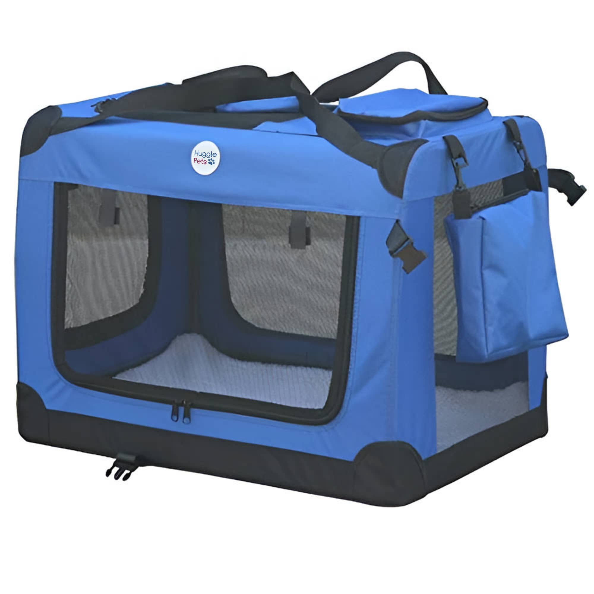 HugglePets Foldable Fabric Pet Crate Carrier - Blue (Large 70 x 52cm) Lightweight & Ventilated Double Door Carrier for Dogs & Cats with Sheepskin Mat. Ideal for Home & Travel. — image 1