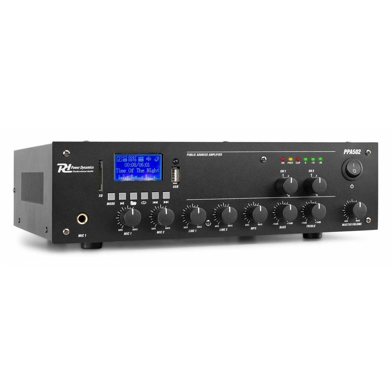 Power Dynamics PPA502 Amplificateur 2 Zones Bluetooth 100V 50W Lecteur MP3 USB Télécommande Entrée Ligne Prise 6,3mm