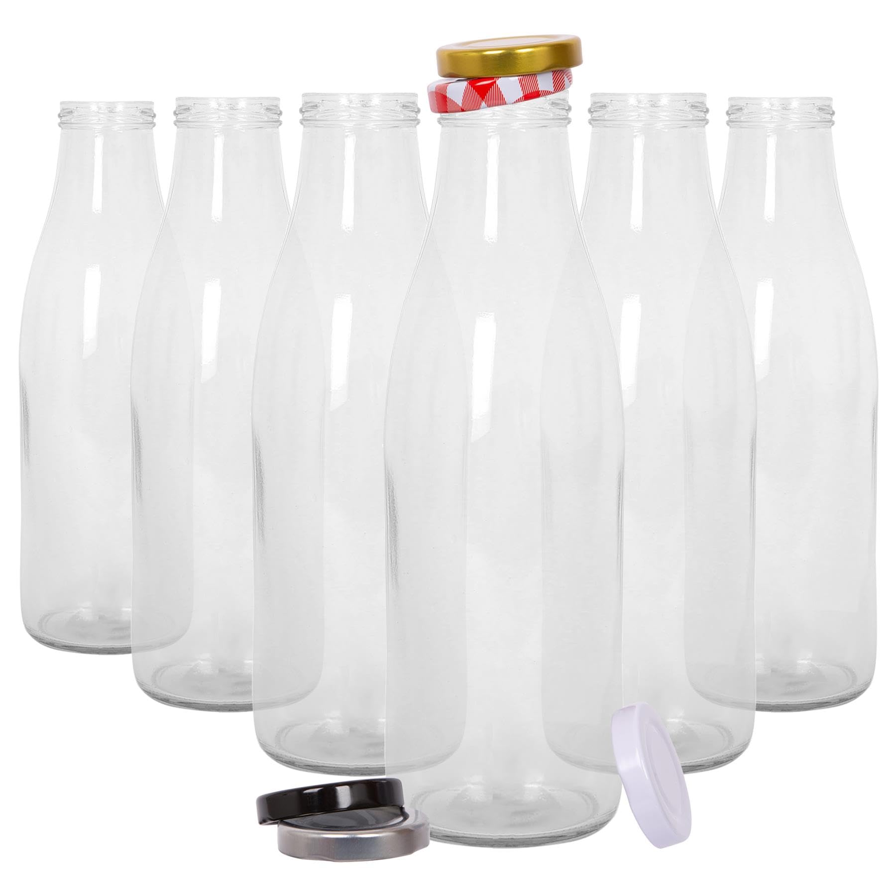 Argon Tableware Glass Milk Bottles with Lids - 960ml - Pack of 6 - Metal Lids Empty Clear Reusable BPA Free Water Bottle Orange Juice Container for Fridge Storage, Picnics, Weddings