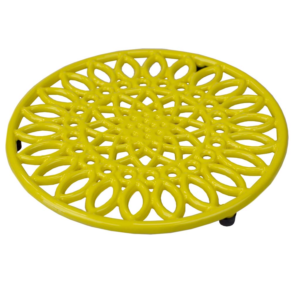 Home Basics TR45802 Design (Yellow) Sunflower Collection Heavy-Duty Cast-Iron Trivet for Serving Hot Dish, Pot, Pans & Teapot on Kitchen Countertop Dinning Heat Resistant