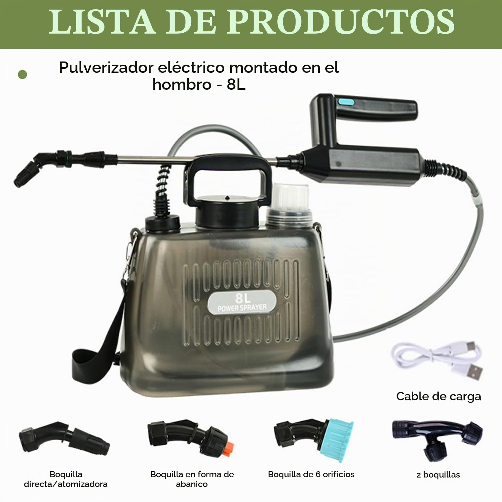Pulverizador Presión, 8L Batería Pulverizador Jardín con Lanza 4 Boquillas Pulverización Ajustables Pulverizador Mochila con Batería 2400Mah Bomba Automática Lanza Telescópica Tanque Transparente