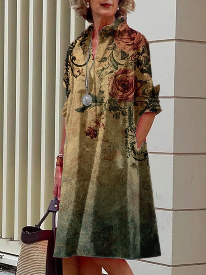 MARSVOVO Womens Linen Long Sleeve Midi Printed Button Down Shirt Dress Plus Size Loose Shirt Dresses for Women with 2 Pockets - Image 2