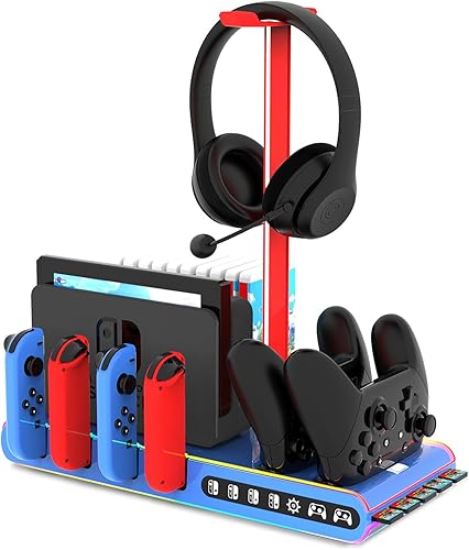 Sonicgrace Base de carga con interruptor RGB para Nintendo Switch y joycons OLED, base de cargador para juegos, base de TV, controlador Pro,