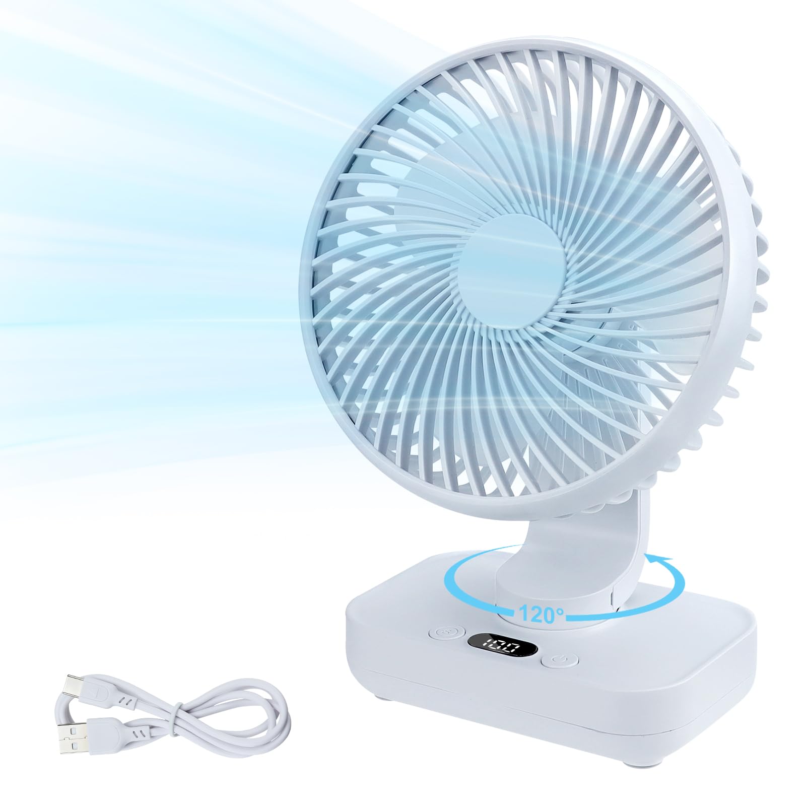 Aischens Ventilador de Mesa USB, Auto-Oscilación120°, Ventilador de Sobremesa Silencioso Recargable 4000mAh, Potente con 4 Velocidades, Mini Ventiladores Portátil para Escritorio Oficina Hogar Camping