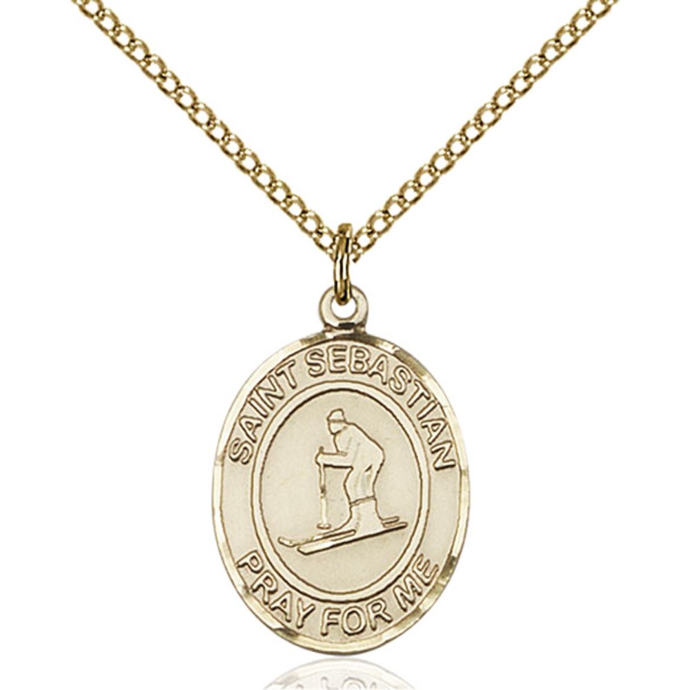 Bonyak Jewelry Saint Medal Collection Custom Engraved Gold Filled St. Sebastian/Skiing Pendant 3/4 x 1/2 inches with Gold-Filled Lite Curb Chain
