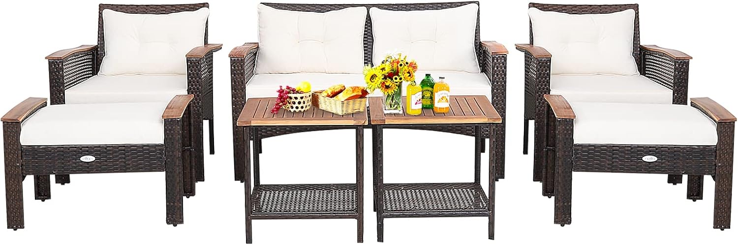 Tangkula 7 Piece Wicker Patio Furniture Set, Patiojoy Acacia Wood Patio Conversation Set with 2 Ottomans and 2 Storage Side Tables with Lower Shelf, Outdoor Cushioned Sectional Sofa Set (Off White)