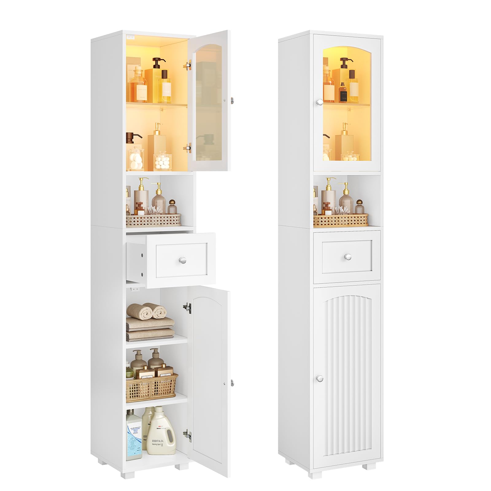 Badezimmerschrank, Badschrank Hochschrank mit LED Beleuchtung, verstellbare Ablagen, offenes Fach, Badezimmermöbel mit 2 Türen, Aufbewahrungsschrank für kleine Räume, 29.5x29.5x179 cm, Weiß
