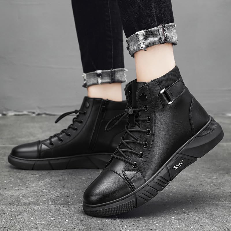 Image of Men's Italian High Top Leather Boots Non-Slip Soft Motorcycle Shoes Black Side Zipper Chukka Classic Business Boots