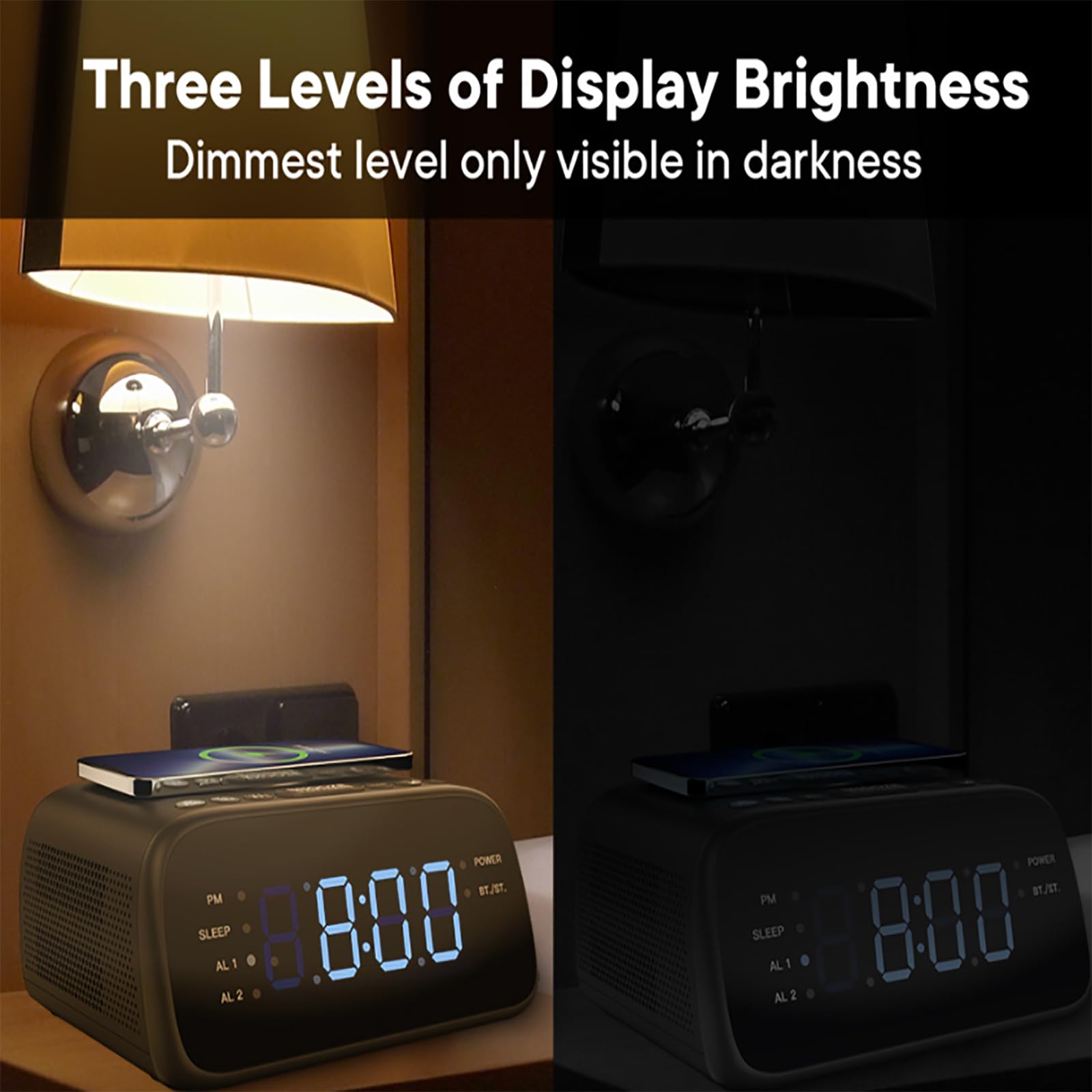 ERICAT Haut-Parleur Bluetooth avec Réveil Numérique, Haut-Parleur De Réveil Intelligent, Radio-réveil FM, Veilleuse LED Réglable Et 3 Niveaux De Luminosité, Facile À Utiliser, pour Chambre, Maison