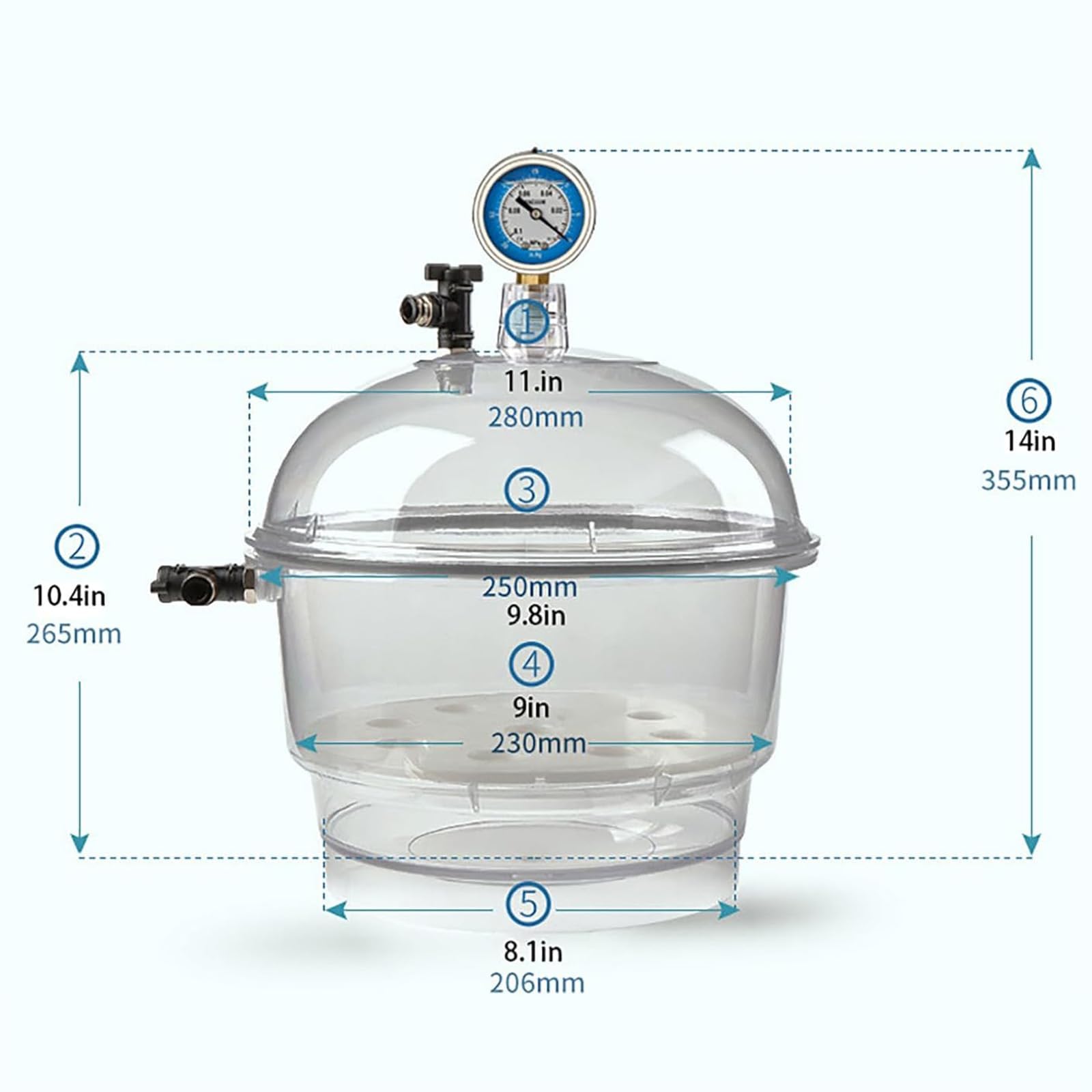 Vakuum-Exsikkator mit Manometer, 250 mm, hohe Transparenz, transparente Trockenflasche, Silikon-Dichtungsring, Doppelventil für Vakuumaufbewahrung