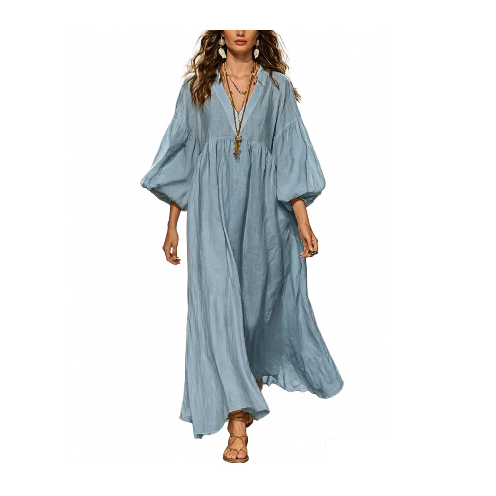 Damska letnia sukienka maxi w kwiaty z dekoltem w serek, falbankami przy krótkich rękawach, wysokim stanem i rozkloszowanym, warstwowym dołem – styl casual | Sukienka maxi w stylu boho z głębokim dekoltem w serek eleganckimi rękawami 3/4 wysokim stanem A