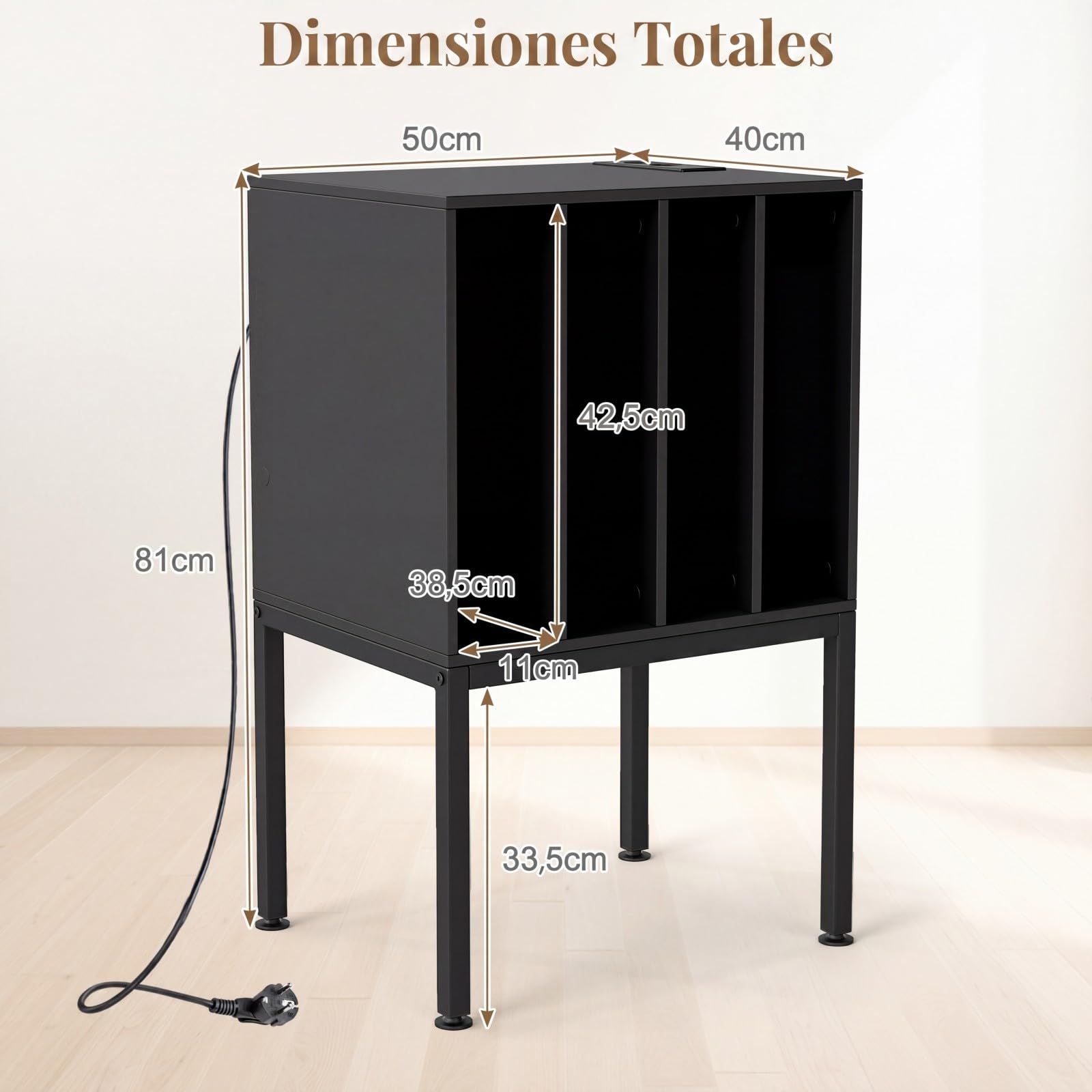 COSTWAY Mueble para Tocadiscos con Estación de Carga, Mesa para Tocadiscos con 4 Compartimentos Abiertos para Vinilos, Patas Metálicas, Mesa Auxiliar para Discos y Álbumes, Salón, Oficina (Negro)
