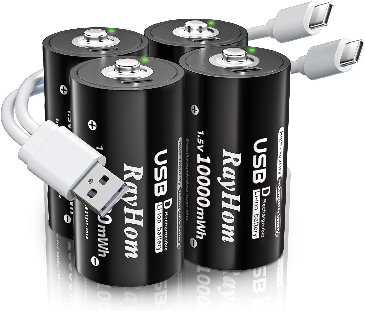 USB Rechargeable Lithium D Cell Batteries - 4 Pack D Li-ion Battery with 2 USB-C 2-in-1 Charging Cable, 1.5V 10000mWh, Quick Charges 2 Hours, Over 1000+ Cycles