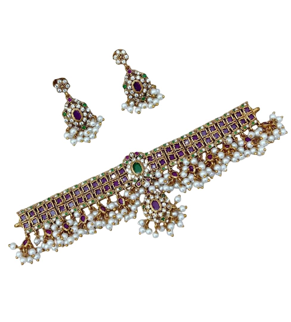 KGR Splash Two layer Kempu Stones With White BEads Hangings Ruby Premium Close Neck Necklace & Earrings-image-47