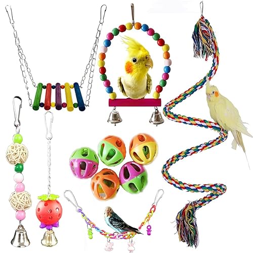 11 Pack Bird Toys for Parrots, Parakeets, Macaws, Conures, Cockatiel, Budgie and Love Birds - Cage Swing Chewing Hanging Accessories