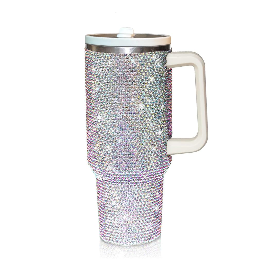 Trinkbecher mit Strassbesatz, Trinkhalm und Deckel, isoliert, Edelstahl, doppellagig, für Damen, wiederverwendbar, Reise-Kaffeetasse (1200 ml), Weiß AB