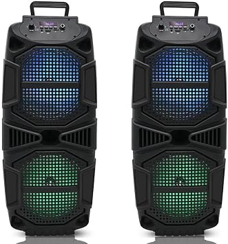 Technical Pro Set of 2, 400-Watt Each Portable Rechargeable Bluetooth Speaker with TWS Dual 8" Colorful LED Woofers, USB Mode, SD Card, FM Radio, Mic Input for Perfect On-The-Go Karaoke, Party Nights