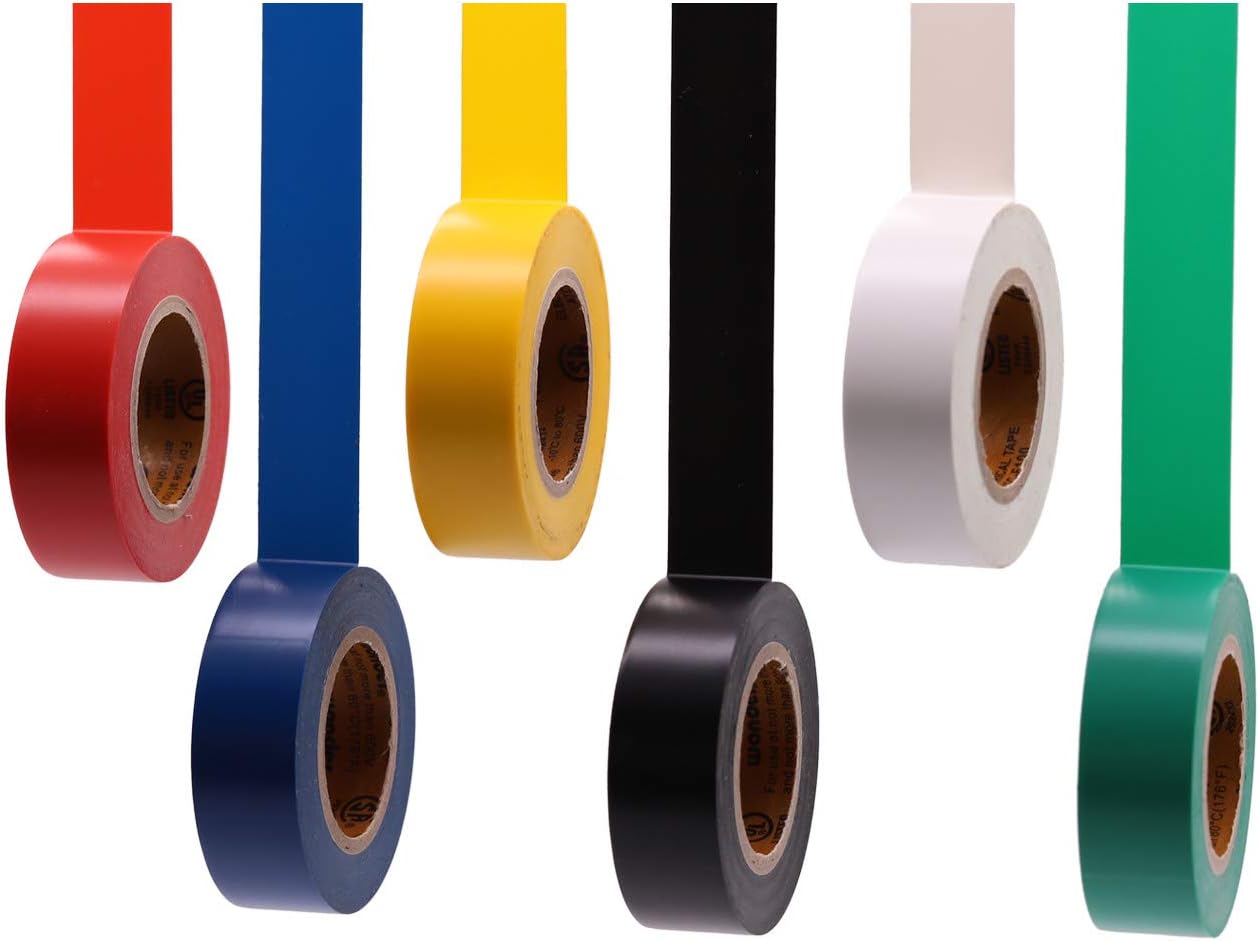 Electrical Tape Colors 6 Pack 3/4-Inch by 30 Feet, Voltage Level 600V Dustproof, Adhesive for General Home Vehicle Auto Car Power Circuit Wiring 3m Multicolor(30Ft MUL)