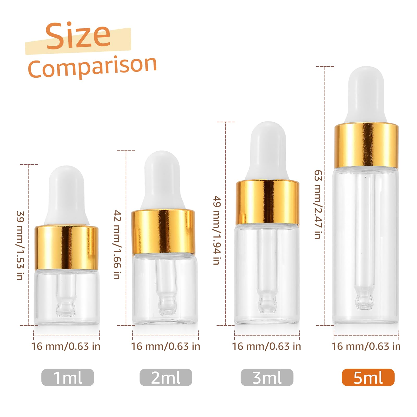Kesell Mini-Glas-Tropfflaschen, 5 ml, klare Glasflaschen mit Pipette für ätherisches Öl, kleine Reiseflasche mit 5 Kunststoff-Tropfen, kleine Probenflaschen mit Deckel, goldfarben, 100 Stück