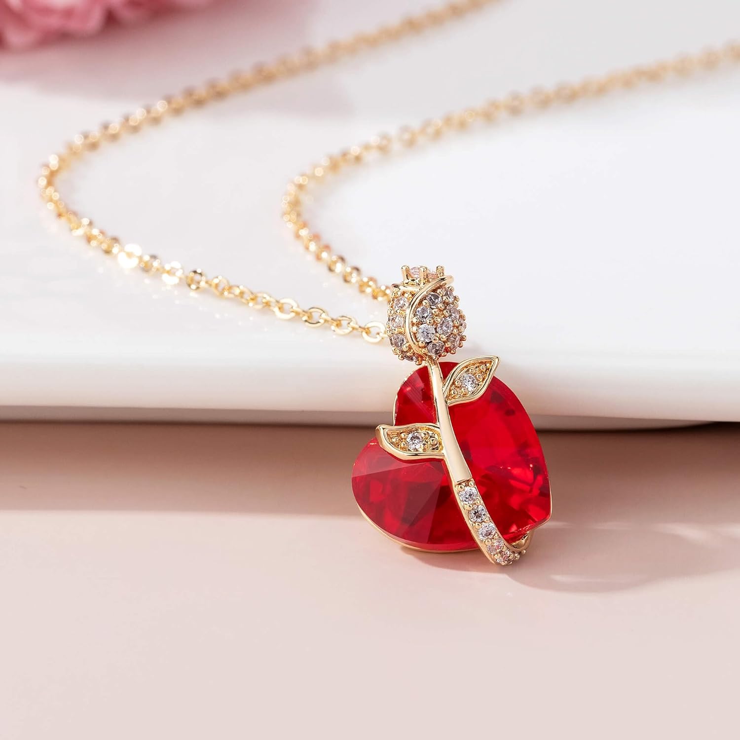 Austrian Crystal Heart Rose Flower Pendant Necklaces for Women Fashion 14K Gold Plated Dainty Necklace Hypoallergenic Jewelry - Image 5