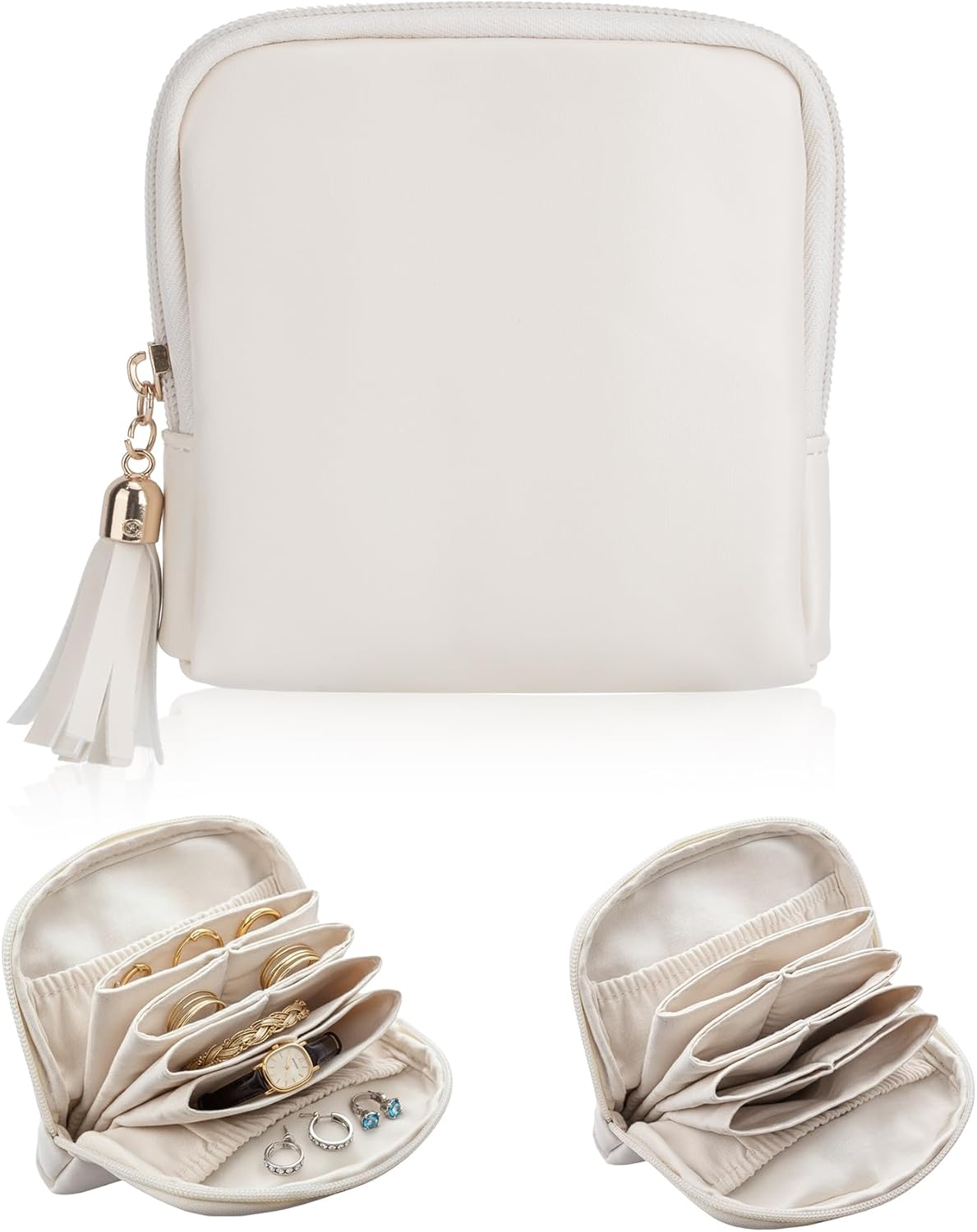 Small Travel Jewelry Case, Valentines Gifts for Women, Velvet Jewelry Pouch Bags with Tassel Zipper, Portable Travel Jewelry Organizer Storage for Bracelet Rings Earring, Beige