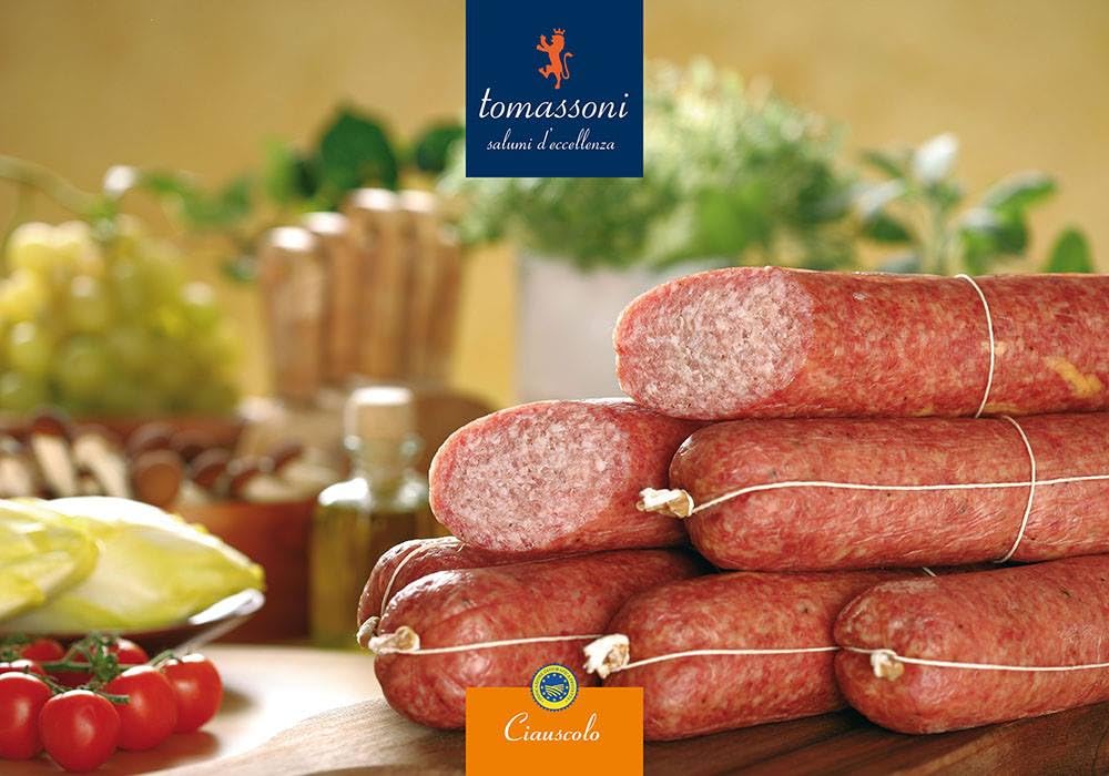 Tomassoni Italienisch SALAMI CIAUSCOLO IGP geschützte geografische Angabe Stück 550g, Salame Ciauscolo, glutenfreiund laktosefrei, 100% italienisches Handwerksprodukt, vakuumverpacktes