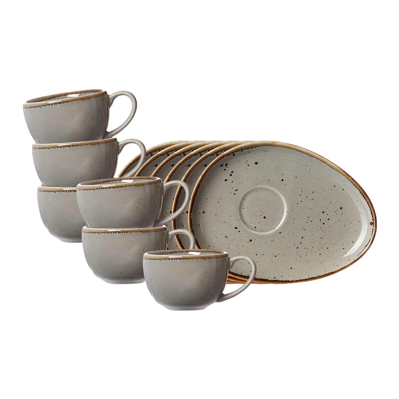Ritzenhoff & Breker Taste Espressotassen mit Untertassen 6er Set | 95 ml | Geschirrset mit unregelmäßigen Farbkanten und Farbsprenkeln | Ovale Form | Porzellan, Spülmaschinengeeignet | Taupe