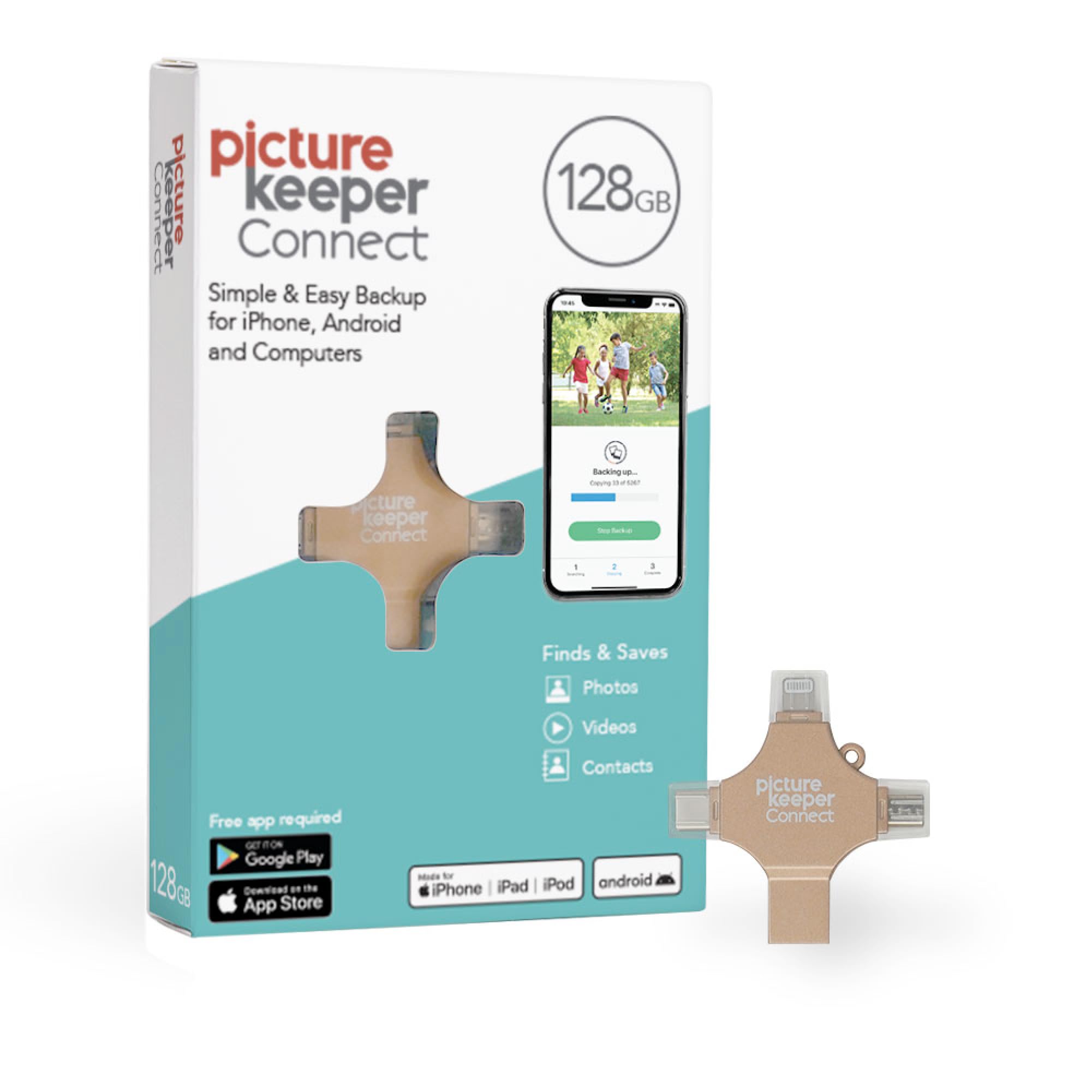 Picture Keeper Connect for iPhone, Android, USB-C, PC & Mac - 128GB USB Stick Backup for Photos, Videos, Contacts, Flash Drive Memory Backup, External
