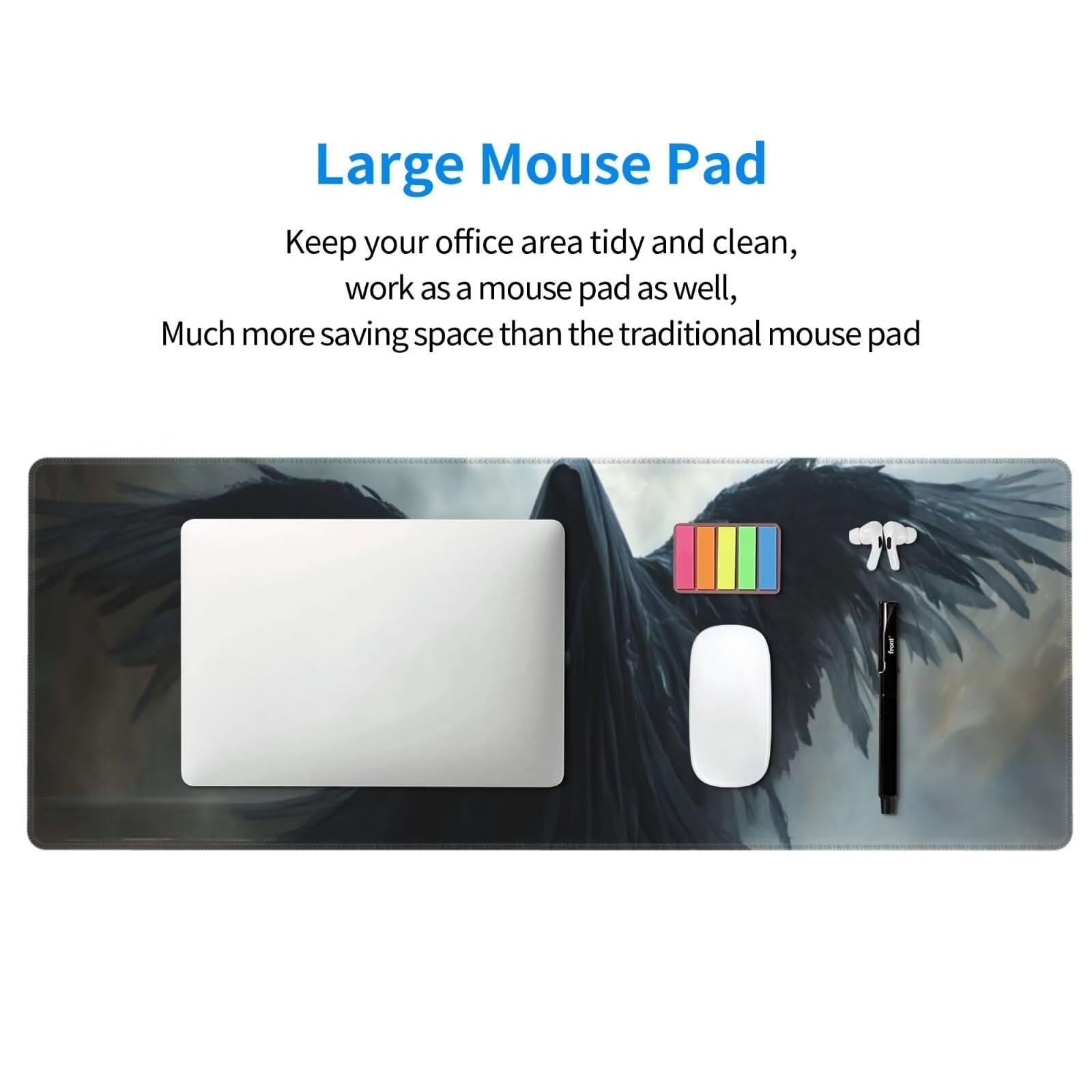 Tappetino Mouse, Tappetino Mouse Gaming Grande XXL 1500x800x3mm Tappetino Scrivania Mouse Pad, Base in Gomma Antiscivolo, Bordi Cuciti,Lavabile, Mousepad per Ufficio e Gaming (Angelo nero) R-281