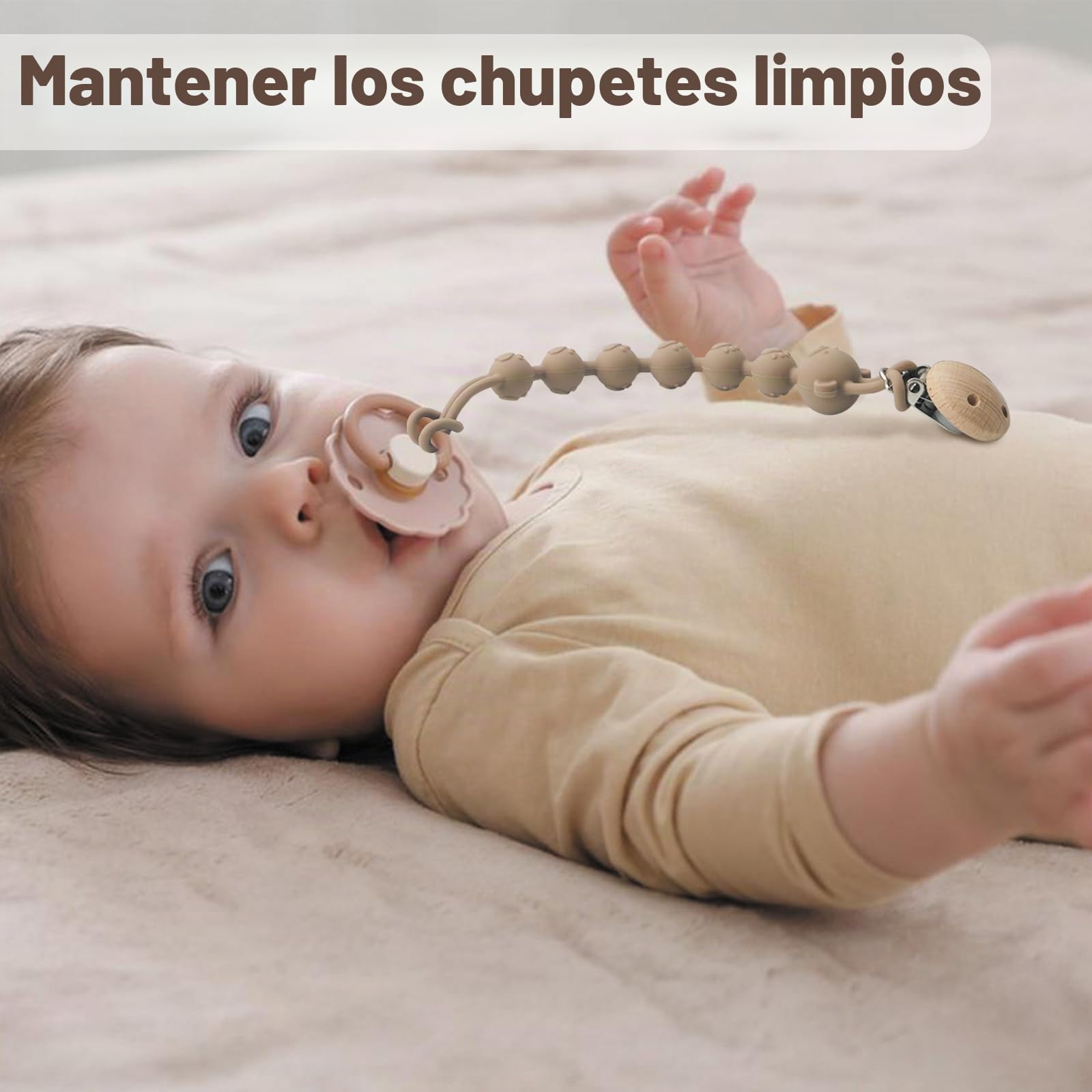 Juego de 4 cadenas para chupete para niña y niño, fácil de limpiar, cadenas para chupete y mordedor, diseño 2 en 1, cadena para chupete de madera, portabilidad, ayuda dental para bebés